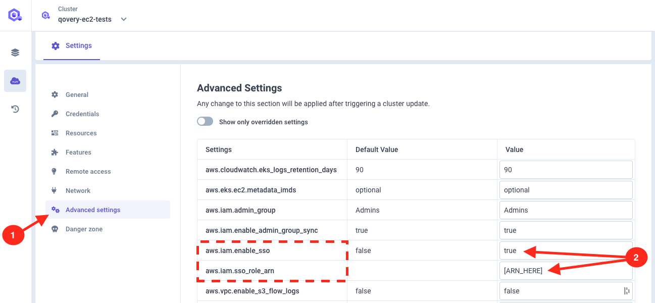 AWS console - set qovery cluster advanced settings to enable SSO